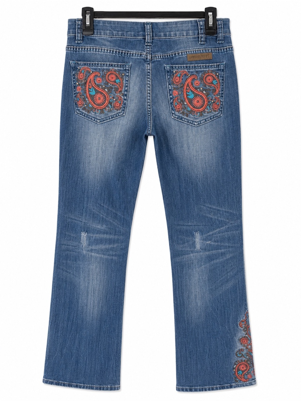Cowgirl Tuff Blue Denim Wide-Leg Jeans with Orange Paisley Embroidery - Picture 3 of 4